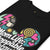 Black t-shirt with colorful graphic design and text on a white background