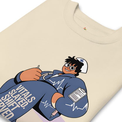 Beige sweatshirt with cartoon character design on a beige background