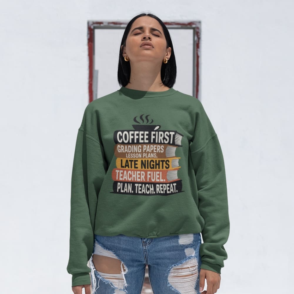 Person wearing a green sweatshirt with text design on a plain background