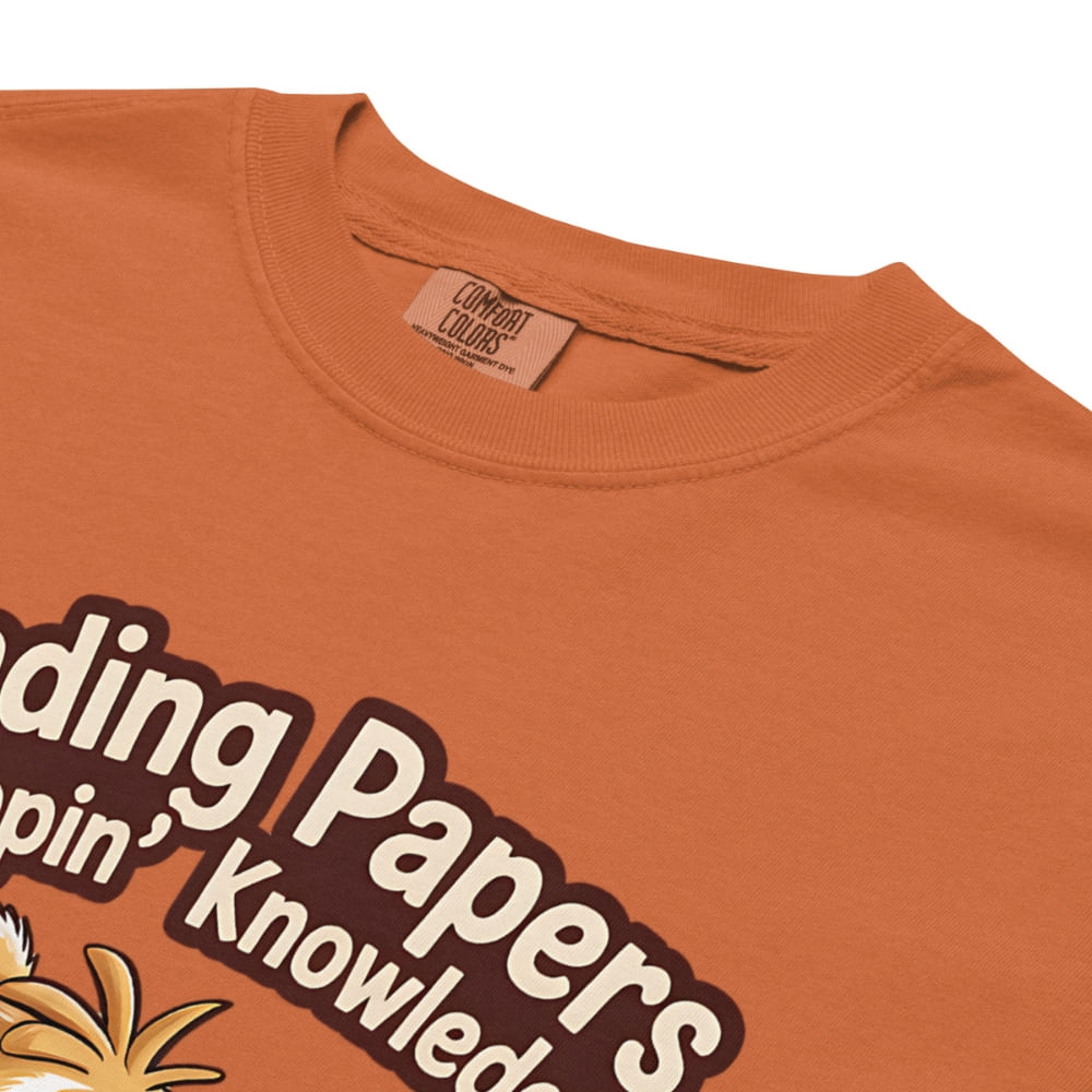 Orange t-shirt with text and a logo on a white background