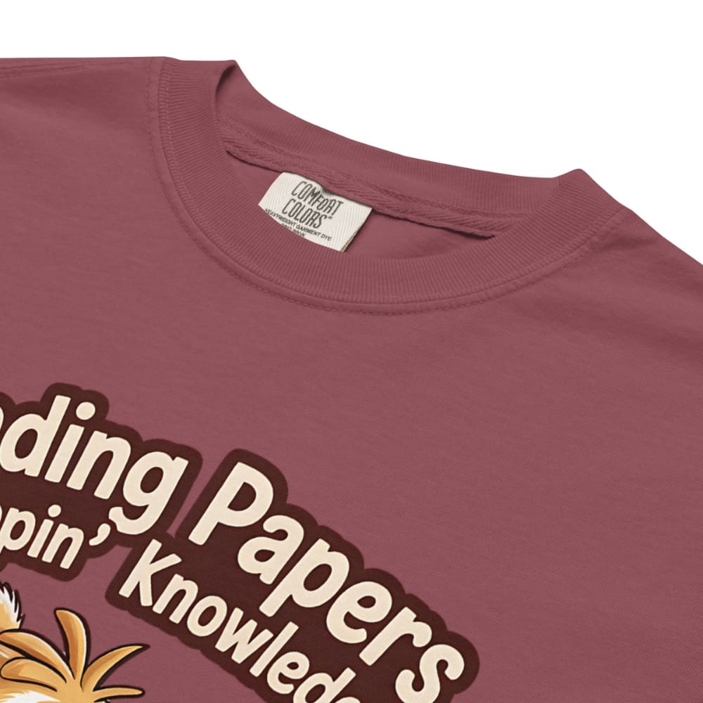 Maroon t-shirt with text and logo on a white background