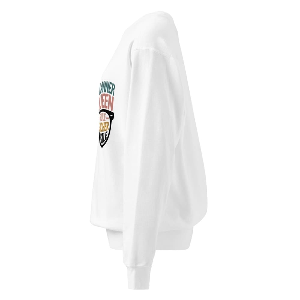 White sweatshirt with colorful graphic on a white background