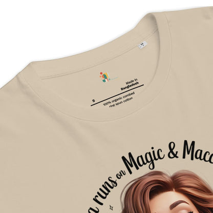 Beige t-shirt with text and graphic design on a white background