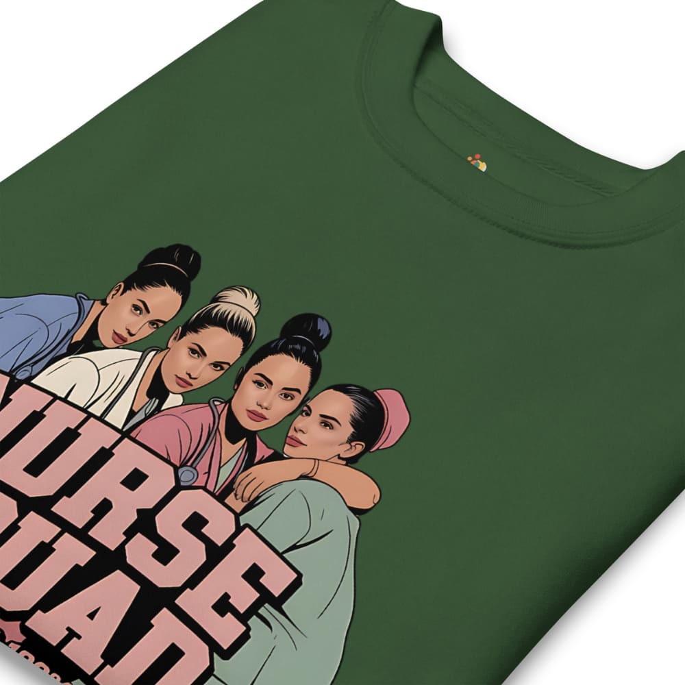Green t-shirt with graphic design of four people and text on a white background