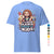Light blue t-shirt with colorful graphic and text on a white background