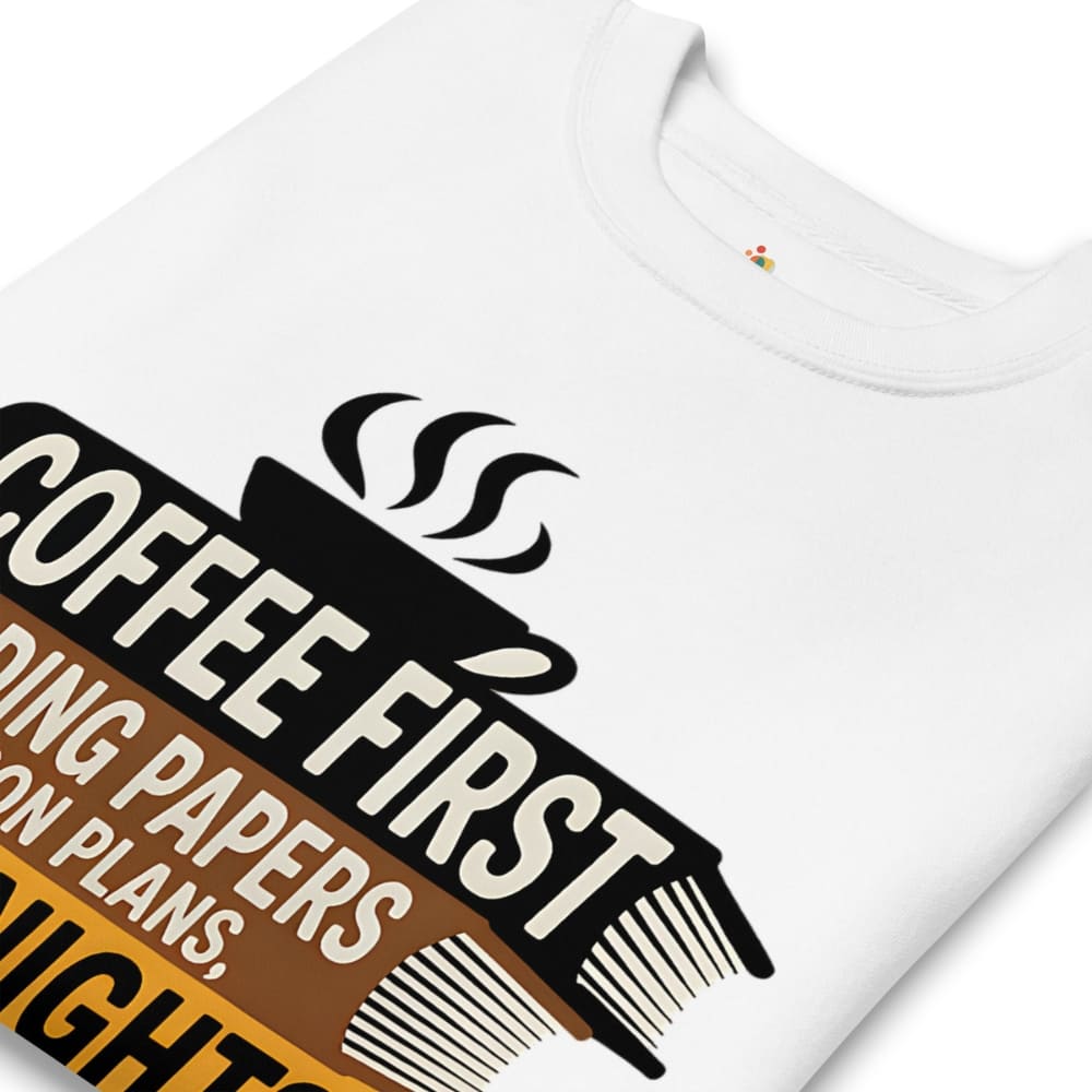 White t-shirt with a graphic design featuring text and a coffee cup icon.