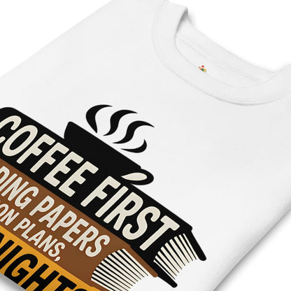 White t-shirt with a graphic design featuring text and a coffee cup icon.