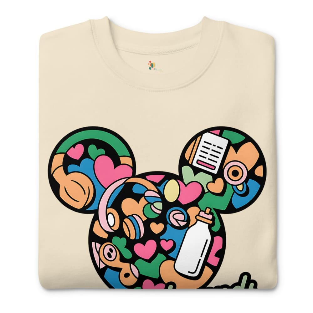 Beige sweatshirt with a colorful graphic design on a white background