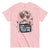 Pink t-shirt with a cartoon character holding a syringe and text on a white background