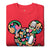 Folded red t-shirt with colorful character design on a white background