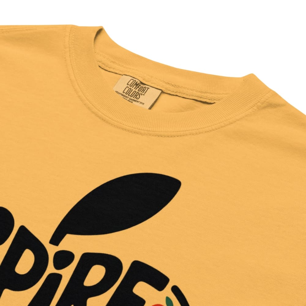 Yellow t-shirt with black logo and 'Comfort Colors' label on a white background