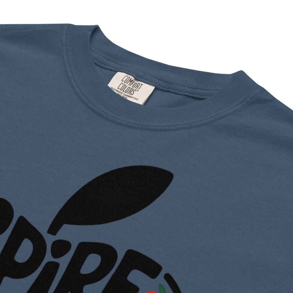 Blue t-shirt with black logo and 'Comfort Colors' label on collar