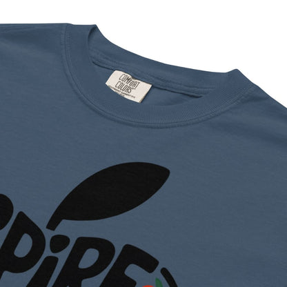 Blue t-shirt with black logo and 'Comfort Colors' label on collar