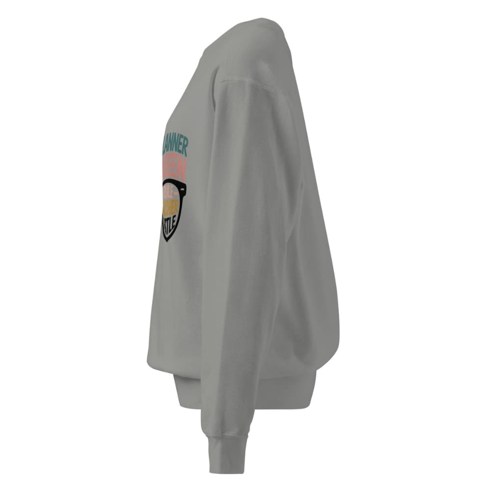 Gray sweatshirt with a colorful graphic on the sleeve against a white background