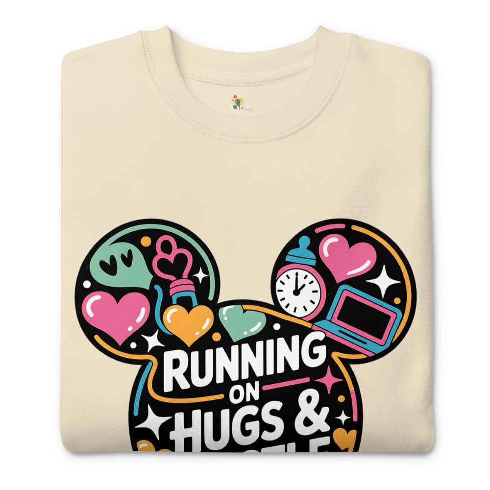 Beige sweatshirt with colorful graphic design and text 'Running on Hugs & Coffee' on a white background