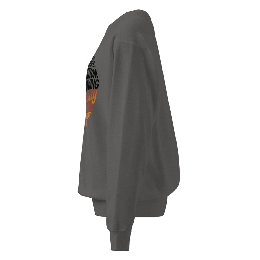 Gray sweatshirt with text and graphics on the sleeve against a white background