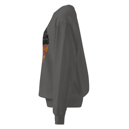 Gray sweatshirt with text and graphics on the sleeve against a white background