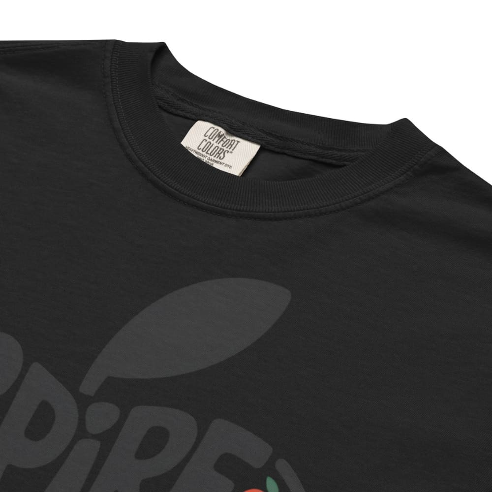 Black t-shirt with a logo and 'Comfort Colors' label on a white background