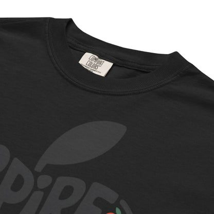 Black t-shirt with a logo and 'Comfort Colors' label on a white background