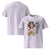 Lavender t-shirt with a graphic design of a woman holding a coffee cup and text on the front, with the back showing a plain white color.