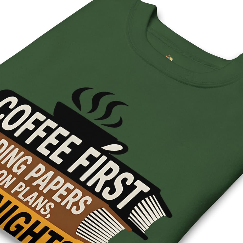 Green t-shirt with 'Coffee First' text design on a white background