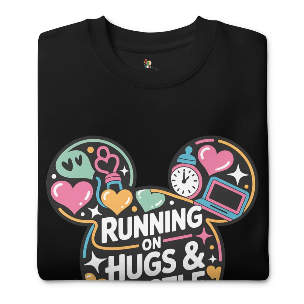 Black sweatshirt with colorful graphic design and text 'Running on Hugs & Coffee' on a white background