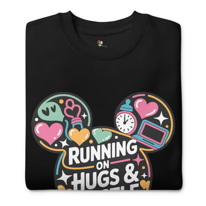 Black sweatshirt with colorful graphic design and text 'Running on Hugs & Coffee' on a white background