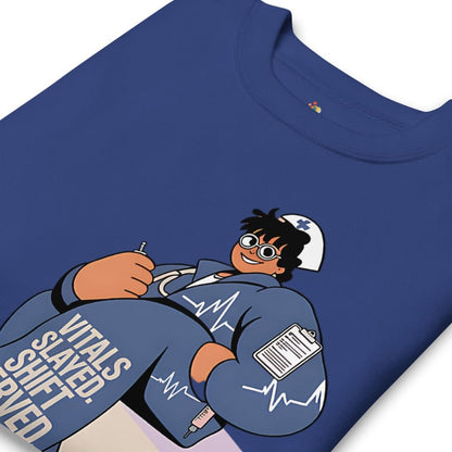 Blue t-shirt with cartoon character and text on a white background