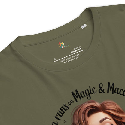 Green t-shirt with a graphic design and text on a white background