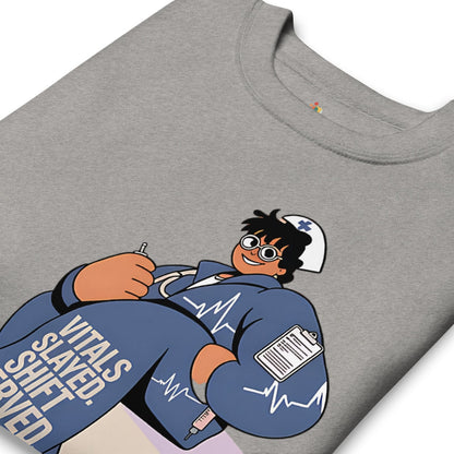 Gray sweatshirt with a cartoon character design on a white background