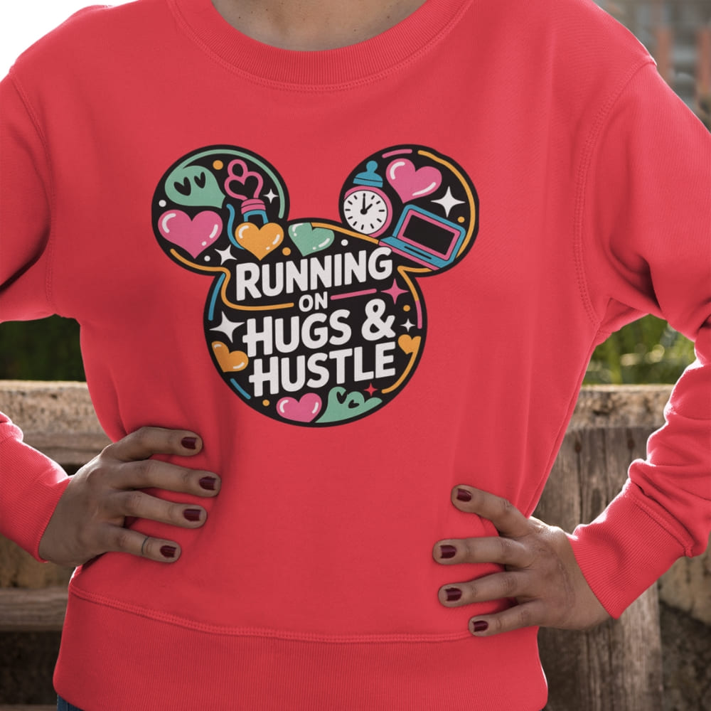 Red sweatshirt with colorful graphic and text 'Running on Hugs & Hustle' worn by a person.