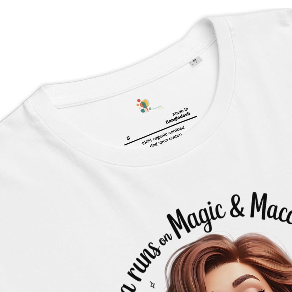 White t-shirt with text and graphic design on a white background
