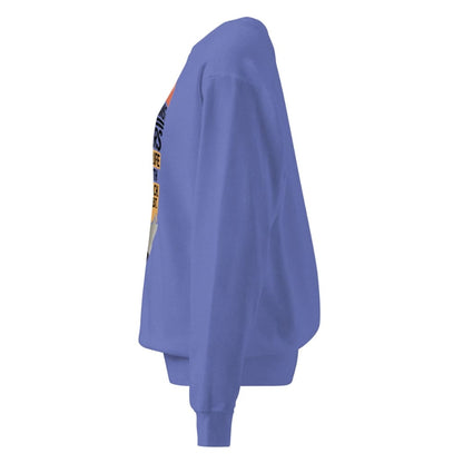 Blue sweatshirt with colorful graphics on the sleeve against a white background