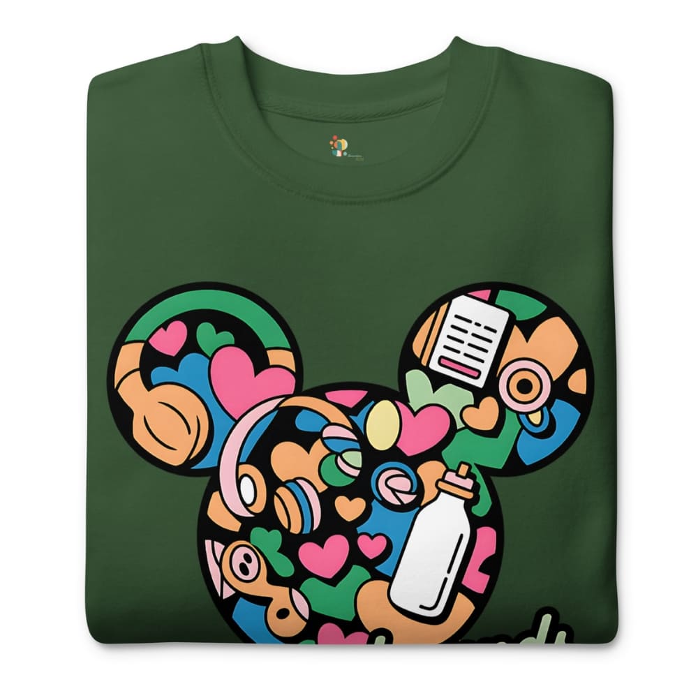 Green t-shirt with colorful graphic design on a white background