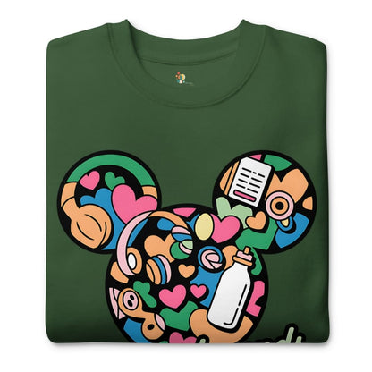 Green t-shirt with colorful graphic design on a white background