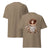 Brown t-shirt with a graphic design of a person holding a coffee cup on a white background