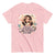 Pink t-shirt with a graphic of a woman and text 'Surviving Motherhood One Eye Roll at a Time' on a white background.