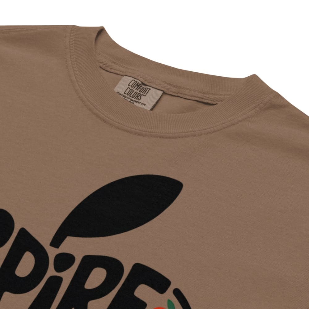Brown t-shirt with black leaf graphic and brand label on a white background