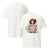White t-shirt with a graphic design of a person holding a coffee cup and text on a white background
