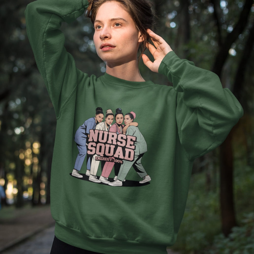 Person wearing a green sweatshirt with 'Nurse Squad' graphic in an outdoor setting
