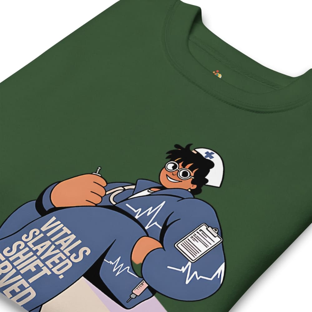 Green t-shirt with an animated character design on a white background