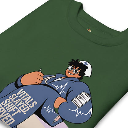 Green t-shirt with an animated character design on a white background