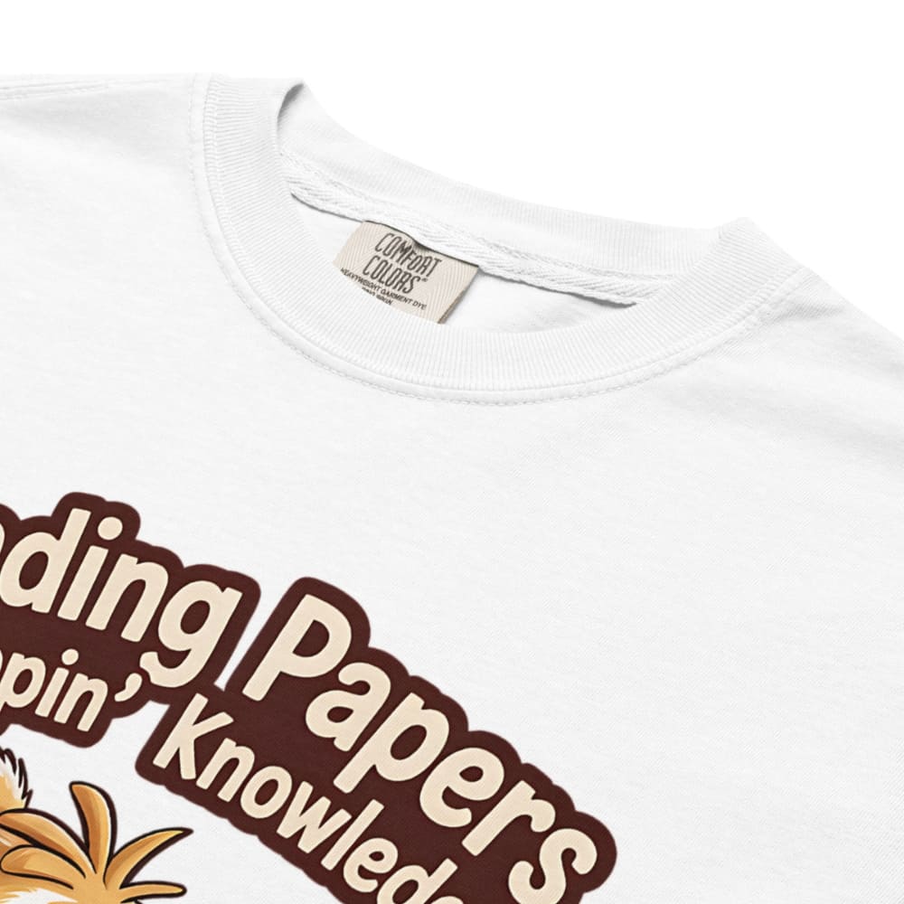 White t-shirt with brown text and logo on a white background