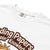 White t-shirt with brown text and logo on a white background