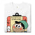 White t-shirt with a cartoon character and text on a white background