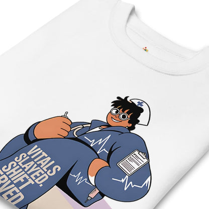White t-shirt with cartoon character design on a white background