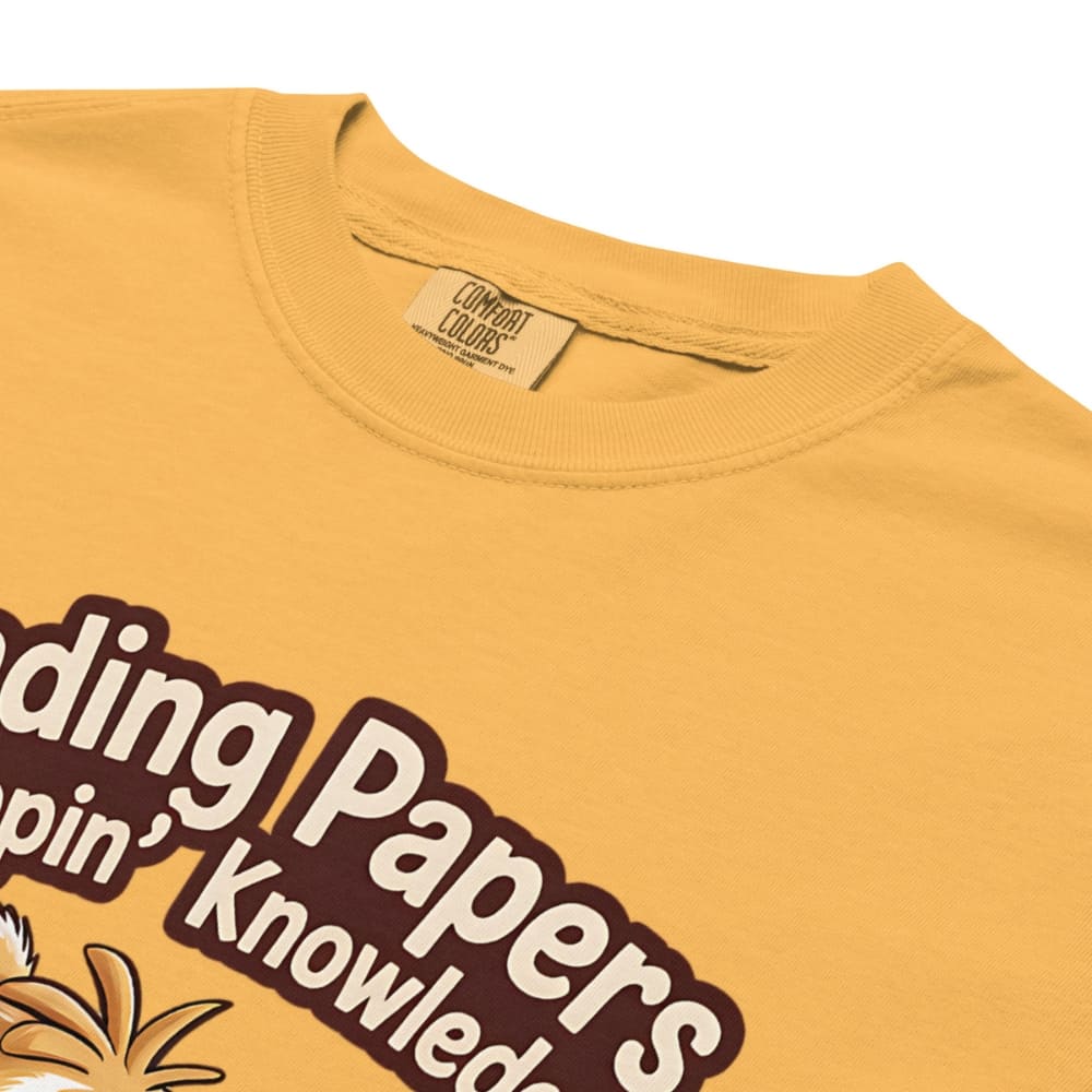 Yellow t-shirt with brown text and 'Comfort Colors' label on a white background