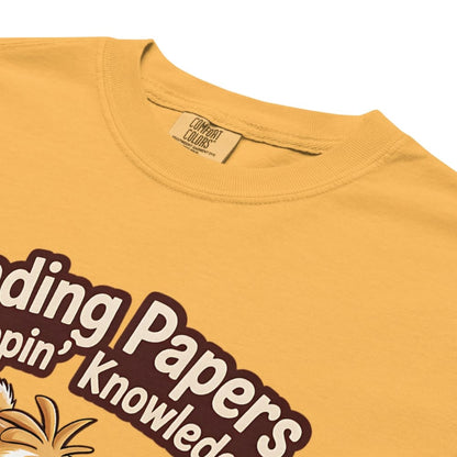 Yellow t-shirt with brown text and 'Comfort Colors' label on a white background