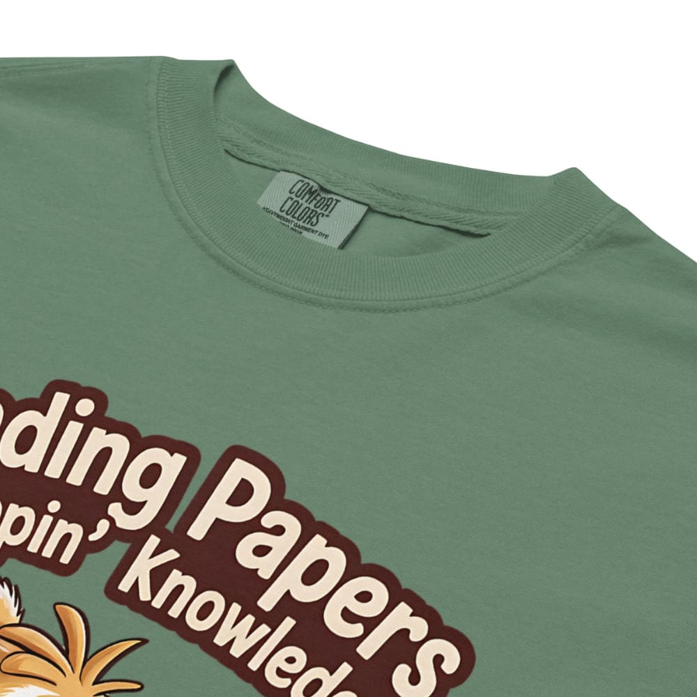 Green t-shirt with brown text and a logo on a white background
