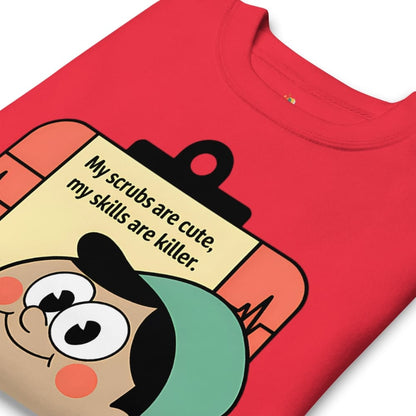 Red t-shirt with cartoon character and text 'My scrubs are cute, my skills are killer.'